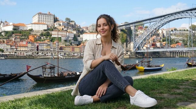 Jovem sentada na grama com a cidade de Porto ao fundo
