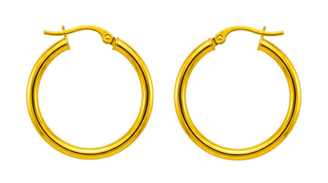 Pair of classic gold hoop earrings isolated on white background with earrings