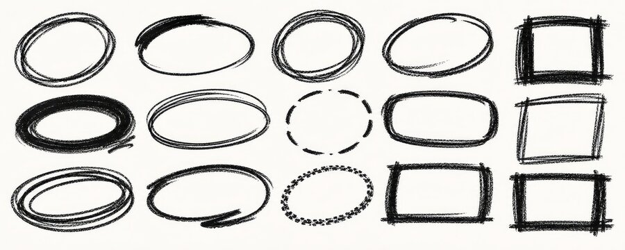 Collection of hand-drawn sketchy circles and squares, perfect for design elements.