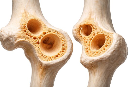 Osteoporosis bone density comparison showing porous skeletal structure and weakened trabecular tissue isolated on white background