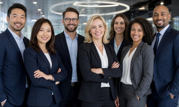 Diverse group of seven happy business professionals posing for a photo in a modern office environment with their arms crossed confidently.