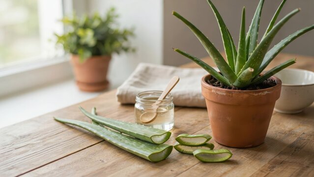 Aloe vera plant in terracotta pot with fresh sliced leaves and clear gel in a jar on a wooden table