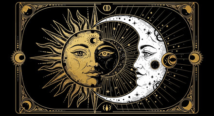 Ornate Celestial Sun and Moon Duality Illustration Featuring Intricate Gold and Black Mystical Astrology Art for Esoteric and Cosmic Designs © john