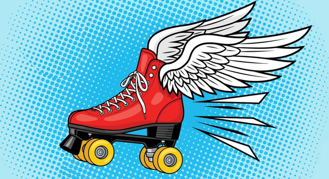 Retro roller skate with white wings moving fast in pop art comic book style on blue halftone background