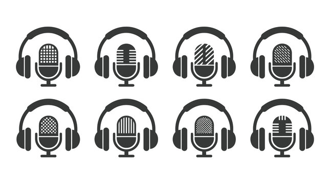 Various podcast equipment icons featuring microphones and headphones microphone headphones