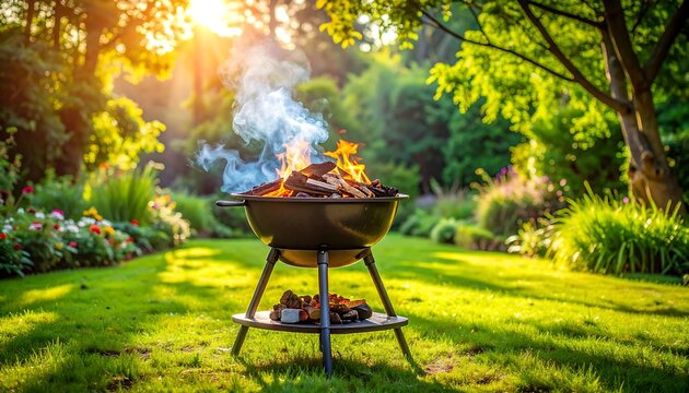 A backyard grill on fire with smoke rising in a lush green garden