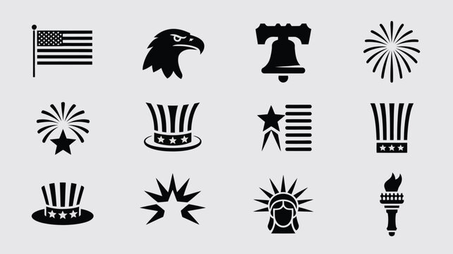 Patriotic american symbols collection featuring uncle sam hat bald eagle flag and torch icon.