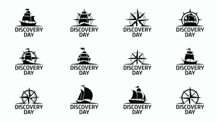 Obraz premium Discovery day logo set with vintage sailing ships and compass symbols for holiday greeting.