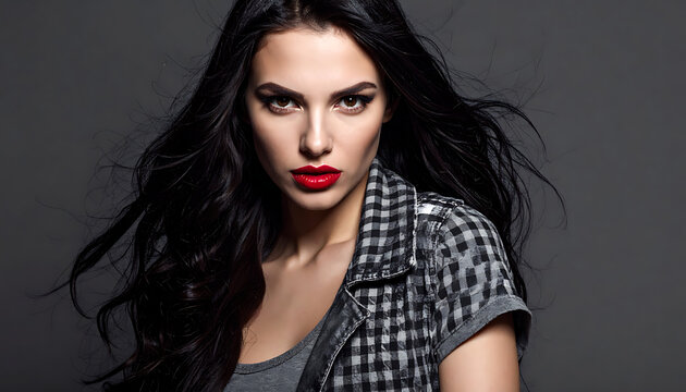 Attractive woman with dark wavy hair and bold red lips, wearing a plaid shirt, confident expression, studio portrait, fashion concept