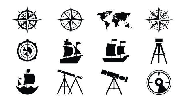 Various maritime icons including ships compasses world maps and telescope survey equipment.