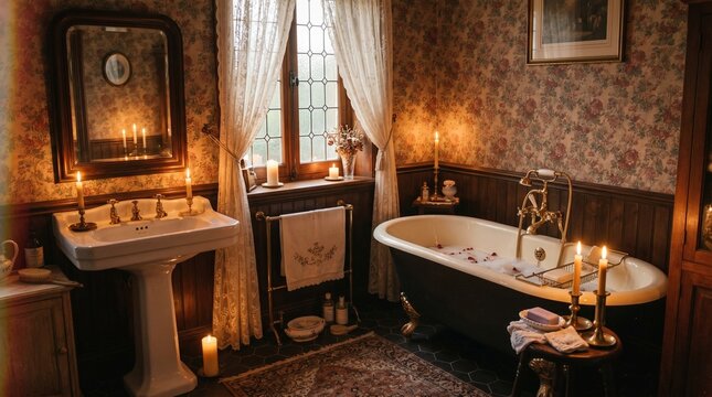 Cozy vintage bethroom interior with clawfoot tub and candlelight