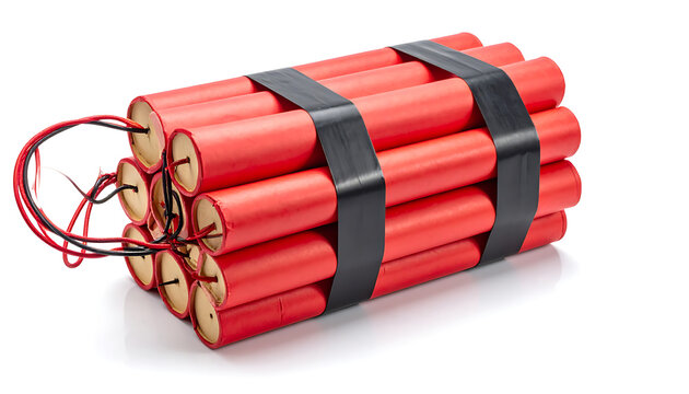 Bundle of red dynamite sticks tied with black tape, explosive danger, isolated on white