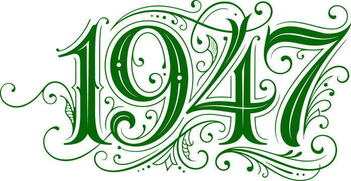 A vintage green illustration of the year 1947 with decorative swirls