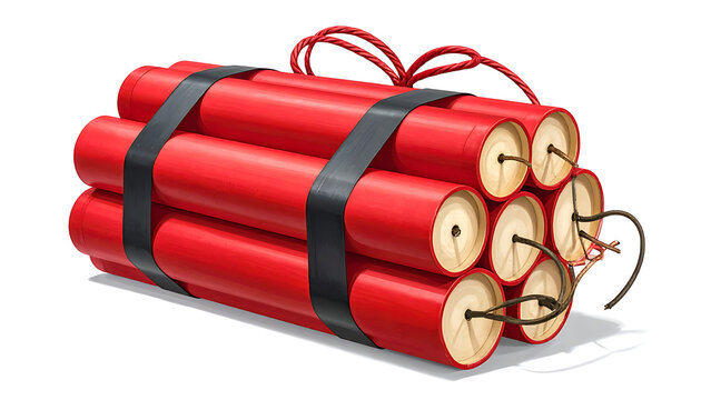 Bundle of red dynamite sticks tied with black tape and red string, explosive danger concept