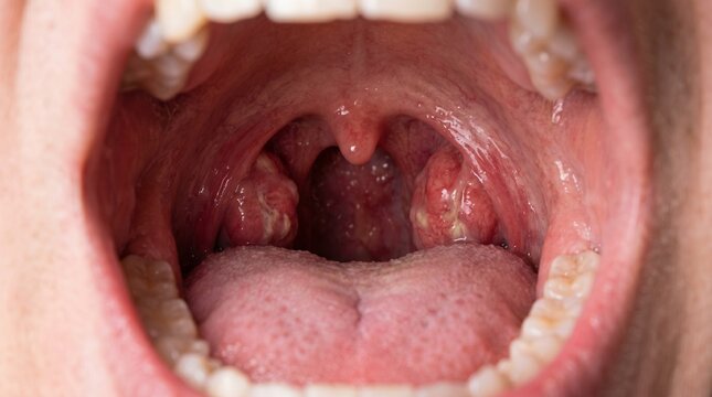 Vis&atilde;o macro detalhada do interior de uma boca aberta, mostrando as am&iacute;gdalas inflamadas