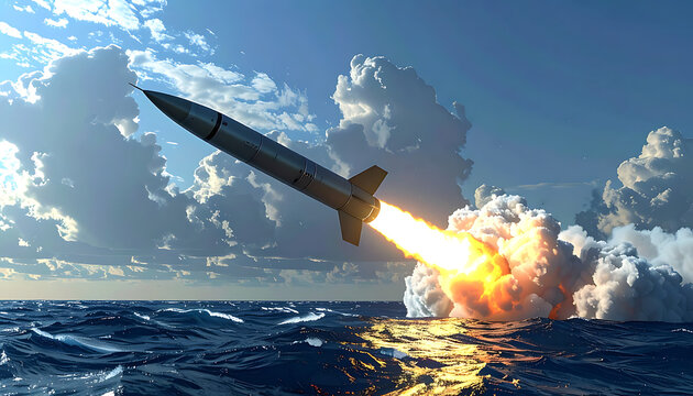 Ballistic missile launching from the ocean surface, with bright fiery exhaust against a dramatic cloudy sky and rippling water