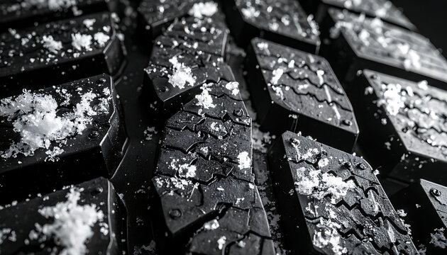 close-up macro texture of a car tire tread with snow and water droplets, winter driving, grip, traction, transportation, automotive
