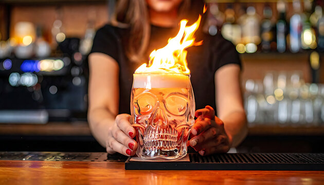 bartender with fiery skull cocktail, illuminated alcohol drink with flames, spooky spooky celebration, party atmosphere, beverage
