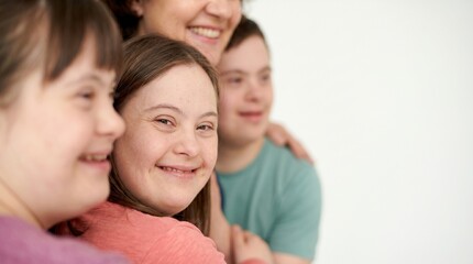 Obraz premium Um grupo sorridente de pessoas com síndrome de Down e um adulto em um estúdio