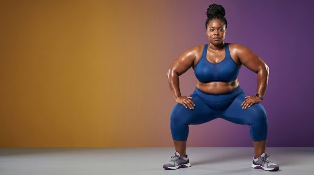 Mulher suada fazendo agachamento em roupa esportiva azul, com fundo gradiente
