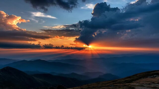 Intense sunset scene over rugged mountain ridge with radiant sky deep shadow layers vibrant colors atmospheric perspective balanced natural lighting