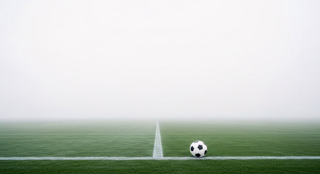 A soccer ball lies on the touchline of a green field with a white line and cone on a foggy day during a sports event.