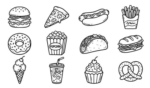 Fast Food Snack and Dessert Hand Drawn Collection for Restaurant Advertising and Food Packaging