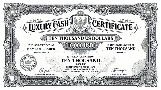 Luxury Cash Certificate Ten Thousand US Dollars with Ornate Border