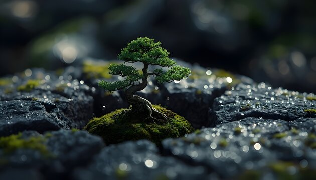 Ancient in Miniature: A Tiny Bonsai Tree Emerging from Deep Cracked Stone in Ultra Macro Detail