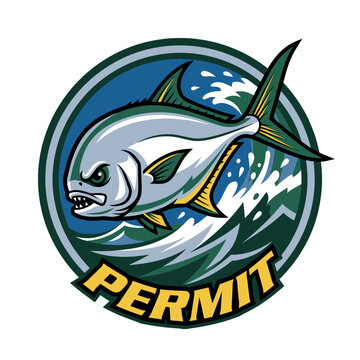 Fierce Permit Fish Mascot Logo with Waves and Text