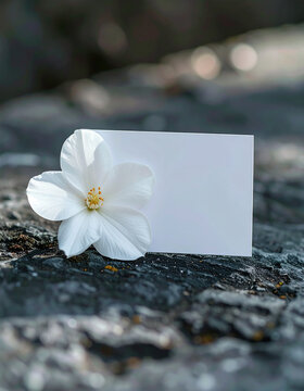 Condolence card with white flower on dark stone surface, blurred backdrop, emotional and respectful mood, elegant memorial card mockup. Close-up.