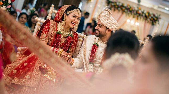 Noivos indianos felizes rindo em seu casamento
