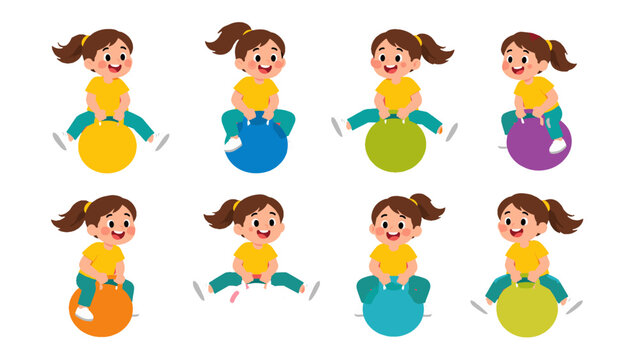 Set of happy girl bouncing on colorful hopper balls