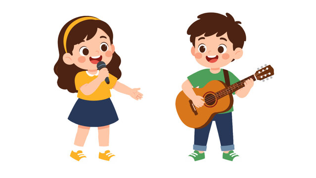 Cute children singing and playing guitar cartoon vector