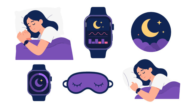 Sleep tracking and bedtime routine icon set in flat vector style