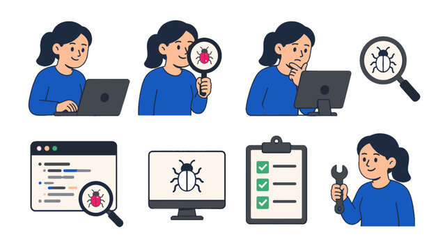 Bug detection and software testing vector illustration set