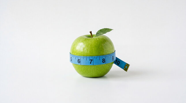 Green Apple Wrapped With Blue Measuring Tape Representing Nutrition, Diet, And Healthy Lifestyle On White Background.