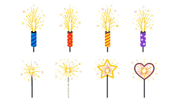 Set of colorful sparkler fireworks and festive party firecrackers