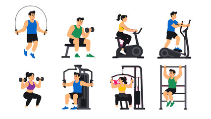 Fototapeta premium People exercising with gym equipment in flat vector set
