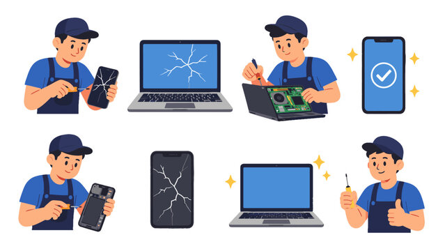 Electronic device repair service illustration set with technician