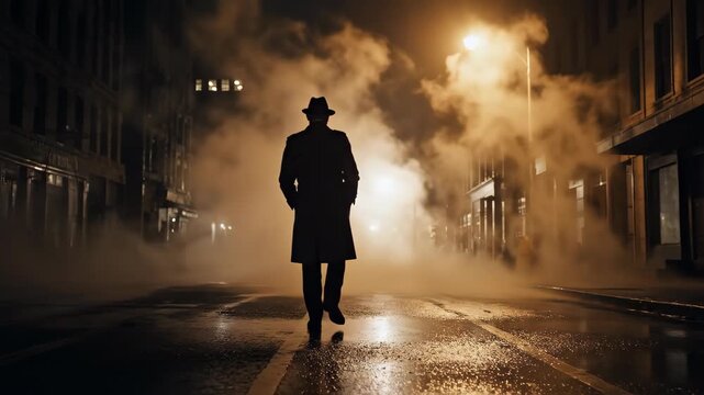 Silhouette of man in trench coat and hat walking through thick mist on dark city street, noir cinematic mood for mystery and thriller themes.