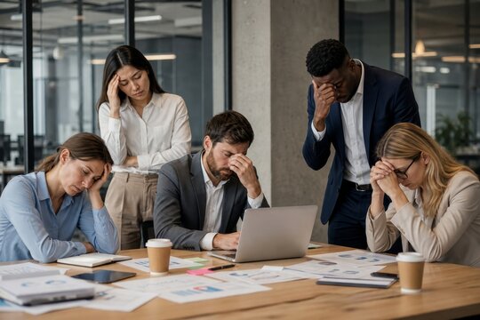 Group of five tired and stressed business people, men and women of various ethnicities, slump at a conference table with heads in hands, reflecting a moment of despair.