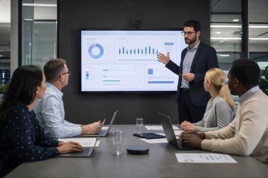 Presenter gestures towards a large screen displaying financial charts while a diverse team watches and works on laptops during a meeting.