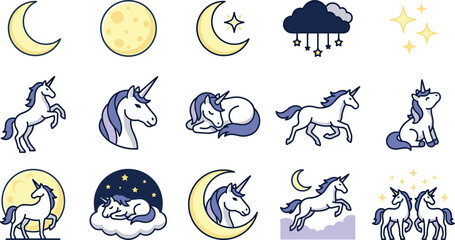 Obraz premium Cute Night Unicorn Collection Featuring Moon, Stars, Sleeping Fantasy Characters, Dreamy Sky Elements, and Magical Kawaii Vector Icons
