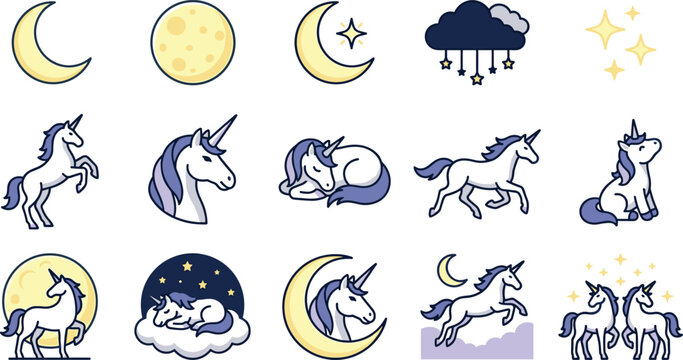 Cute Night Unicorn Collection Featuring Moon, Stars, Sleeping Fantasy Characters, Dreamy Sky Elements, and Magical Kawaii Vector Icons