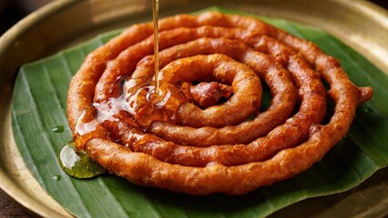 Fototapeta premium Traditional sweet fried spiral pastry served on a banana leaf with honey syrup