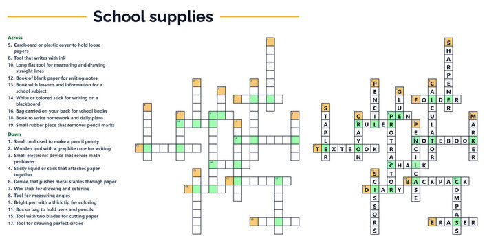 School supplies crossword puzzle for kids