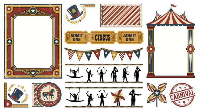 Vintage Circus Carnival Retro Poster Border Set Vector Clipart EPS
