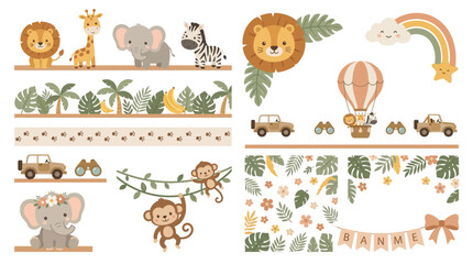 Obraz premium Baby Nursery Cute Animal Safari Border Frame Set Vector Clipart EPS