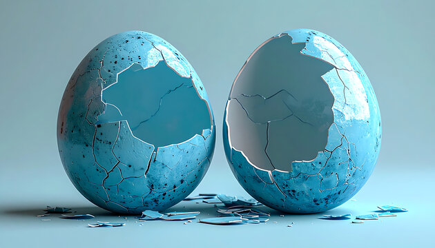 Cracked open blue eggshell with fragmented pieces scattered around on a soft blue background, symbolizing brokenness or new beginnings